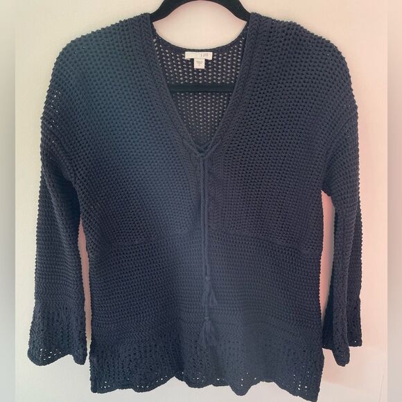J Jill  Womens Navy Blue Open Knit Pullover Sweater  Small Crochet Cover Up - Picture 1 of 8